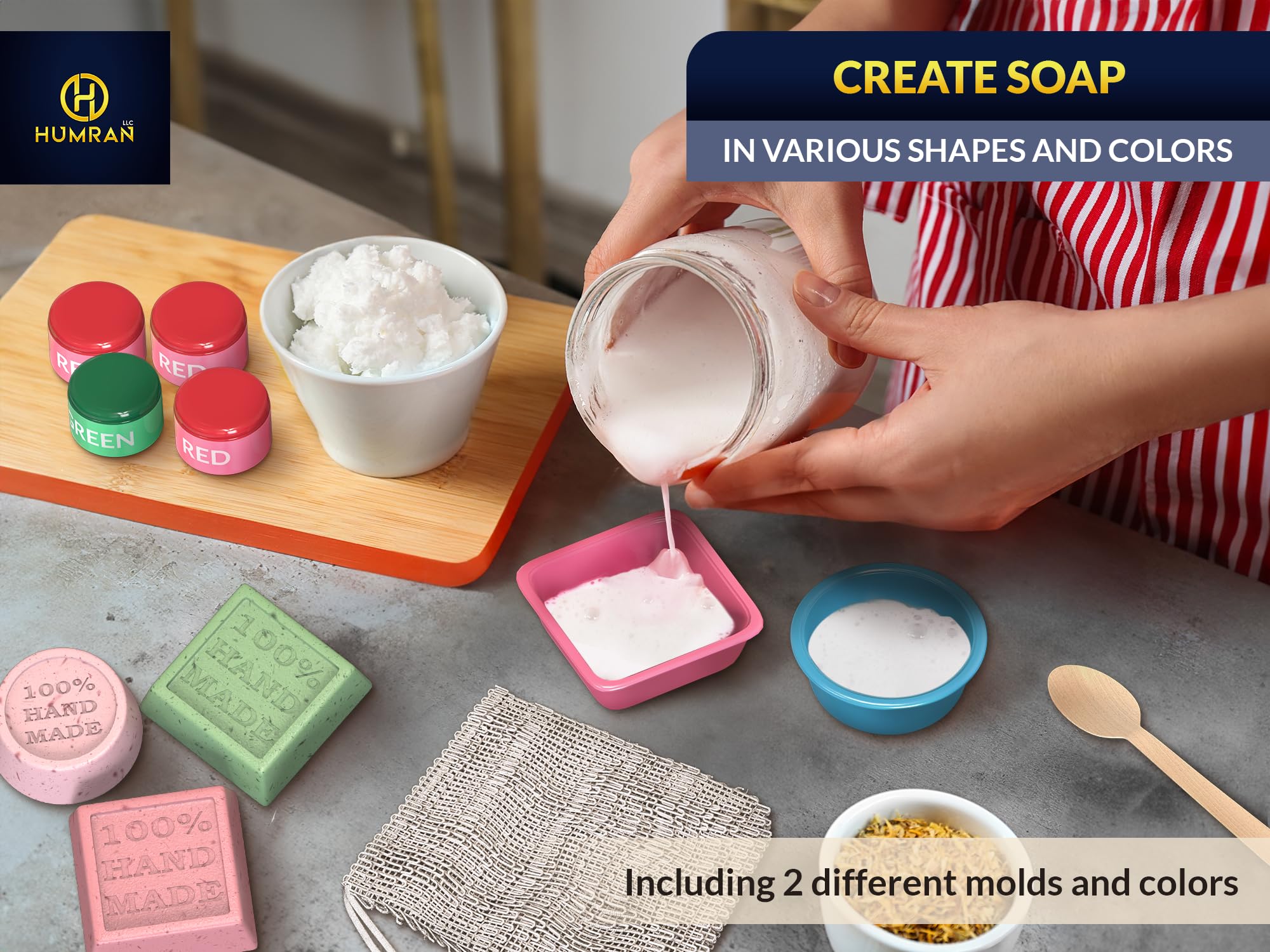 HUMRAN LLC Large Soap-Making Kit - Suitable for Adults, Kids, and Beginners - Incl. Dry Herbs - Soap Maker with Powdered Colors and Different molds - Great Gift idea