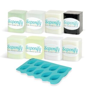 Saponify - Melt and Pour Soap Base Sampler Kit, Silicone Mold, Aloe, Clear, Coconut Milk, Charcoal, Avocado Butter, Olive Oil, White and Shea Butter, 1Lb Each, Variety Pack 1