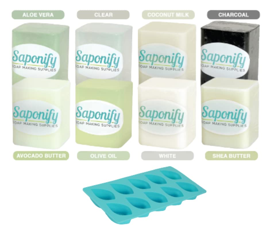 Saponify - Melt and Pour Soap Base Sampler Kit, Silicone Mold, Aloe, Clear, Coconut Milk, Charcoal, Avocado Butter, Olive Oil, White and Shea Butter, 1Lb Each, Variety Pack 1