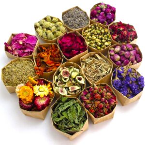 16 Bags Set Dried Flowers Artisan Dried Flower Kit - Candle Making Soap Making DIY Candel Flowers-,Lavender,Roseleaf,Pink Rose,Red Rose,Jasmine,Rose Petal and More