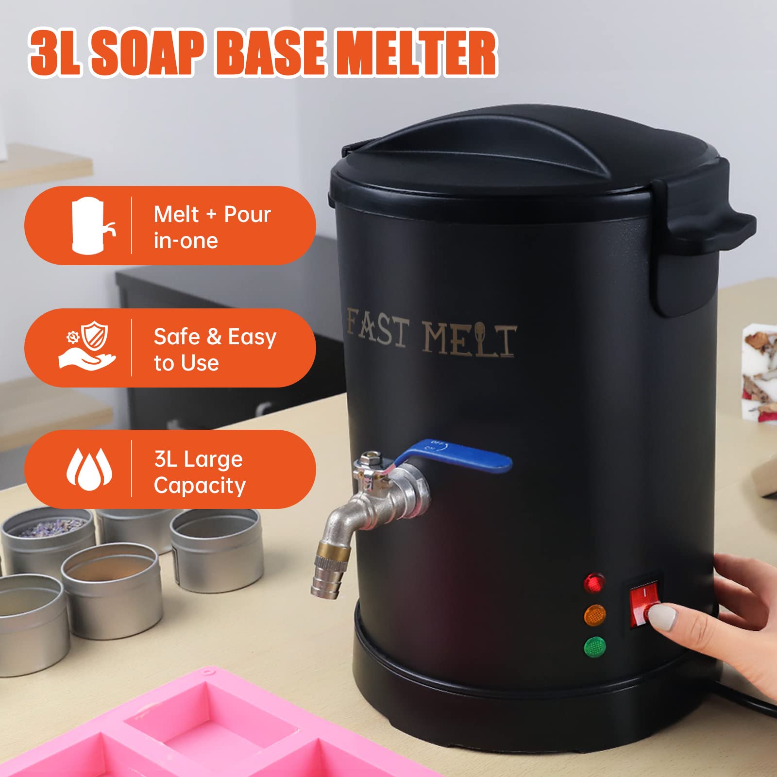 FAST MELT 3L Soap Base Melter - Soap Making Kit with Constant Temperature Control Melter, Quick Pour Spout, Ideal for Homemade Soap Business Fast Loading Easy Clean