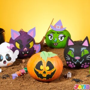 Klever Kits Halloween 3D Pumpkin Decorating Kit, Glowing in The Dark Pumpkin Painting Craft Kit with 9 Halloween Character Designs, Halloween DIY Coloring Arts & Crafts with Foam Stickers