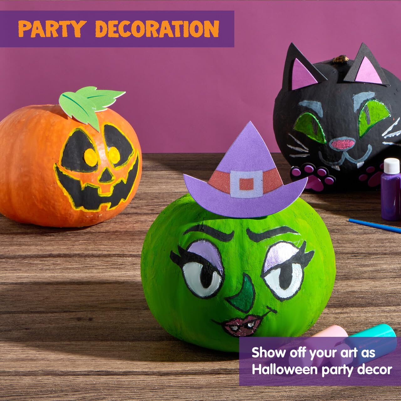 Klever Kits Halloween 3D Pumpkin Decorating Kit, Glowing in The Dark Pumpkin Painting Craft Kit with 9 Halloween Character Designs, Halloween DIY Coloring Arts & Crafts with Foam Stickers