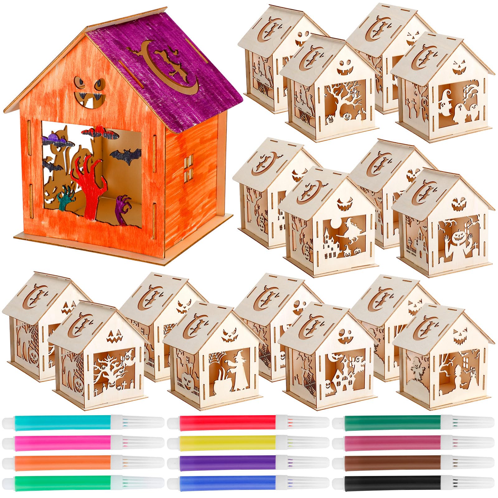 Wettarn Halloween Haunted House with Colors Markers, Wooden Graffiti Crafts Halloween Painting Crafts Kit Pumpkin Witch Ghost Haunted House Craft for Kids DIY Paint Art (9 Pcs)