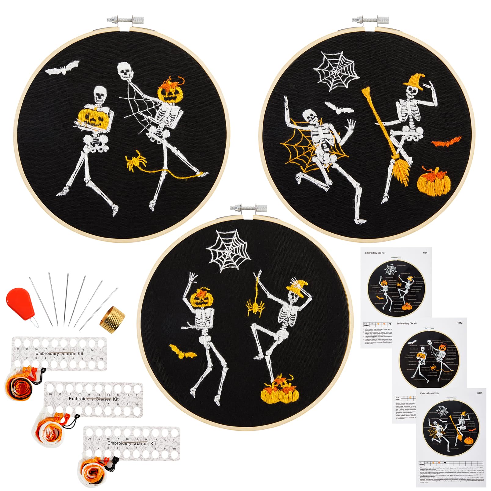 Halloween Embroidery Kit for Adult Beginner, Stamped Cross Stitch Kit for Beginner Adult, Funny Gothic Embroidery Starter Kit with Pattern Needlepoint Kit, 3 Embroidery Hoop and Fabric, Needle, Thread