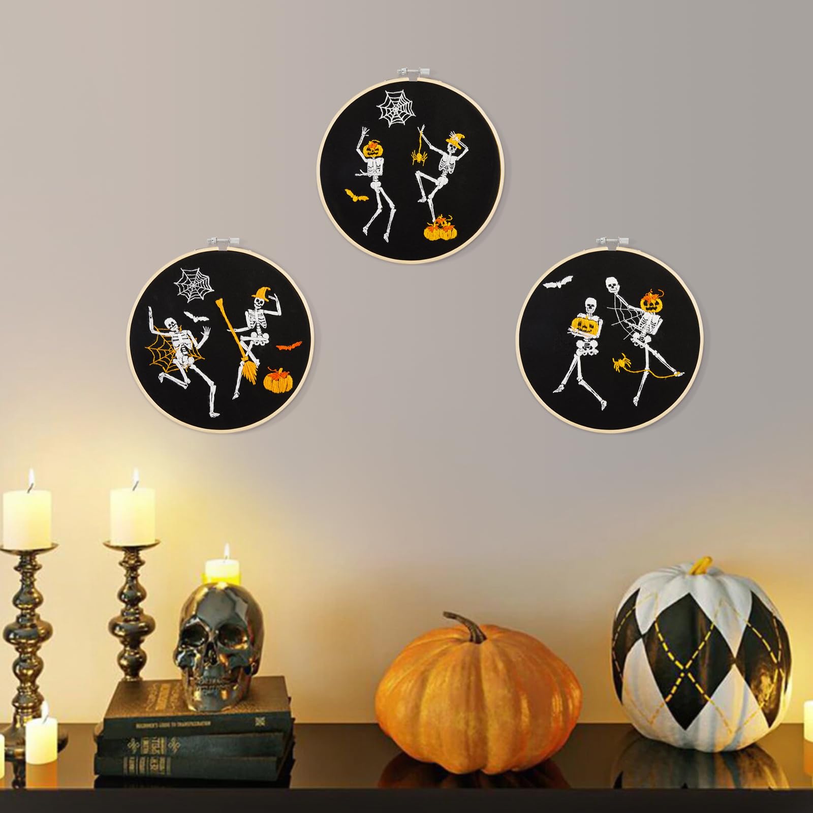 Halloween Embroidery Kit for Adult Beginner, Stamped Cross Stitch Kit for Beginner Adult, Funny Gothic Embroidery Starter Kit with Pattern Needlepoint Kit, 3 Embroidery Hoop and Fabric, Needle, Thread