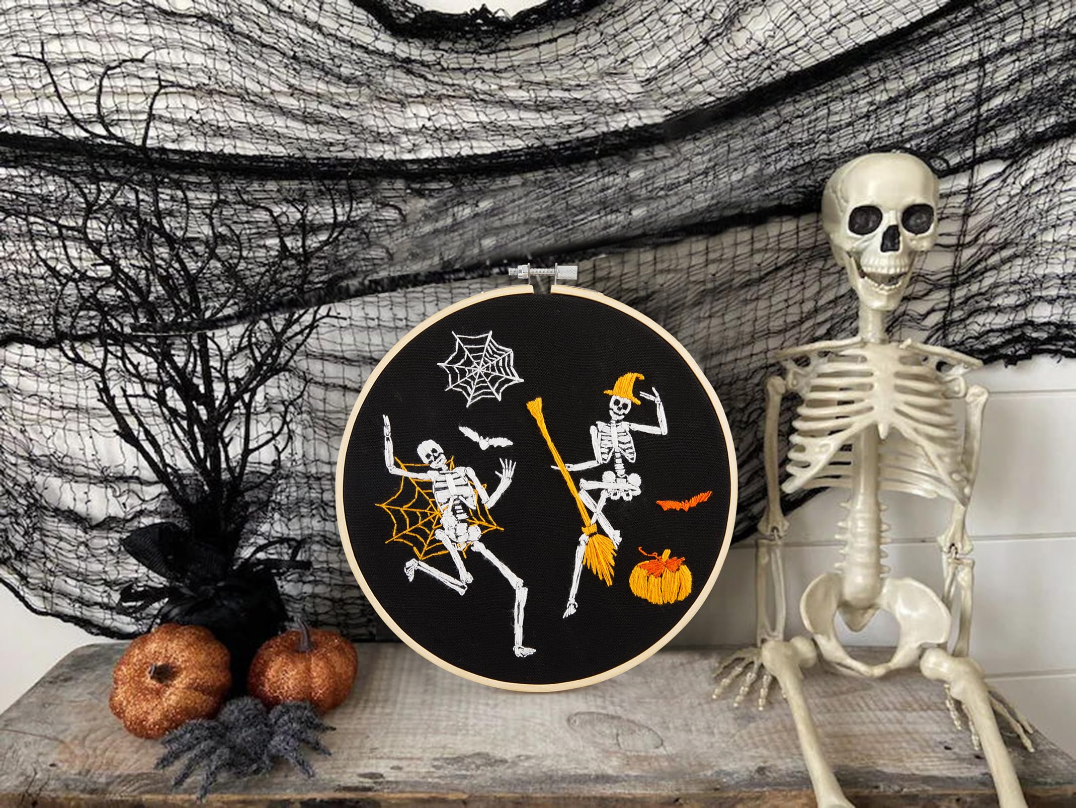 Halloween Embroidery Kit for Adult Beginner, Stamped Cross Stitch Kit for Beginner Adult, Funny Gothic Embroidery Starter Kit with Pattern Needlepoint Kit, 3 Embroidery Hoop and Fabric, Needle, Thread