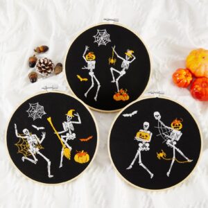 Halloween Embroidery Kit for Adult Beginner, Stamped Cross Stitch Kit for Beginner Adult, Funny Gothic Embroidery Starter Kit with Pattern Needlepoint Kit, 3 Embroidery Hoop and Fabric, Needle, Thread