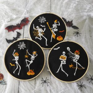 Halloween Embroidery Kit for Adult Beginner, Stamped Cross Stitch Kit for Beginner Adult, Funny Gothic Embroidery Starter Kit with Pattern Needlepoint Kit, 3 Embroidery Hoop and Fabric, Needle, Thread