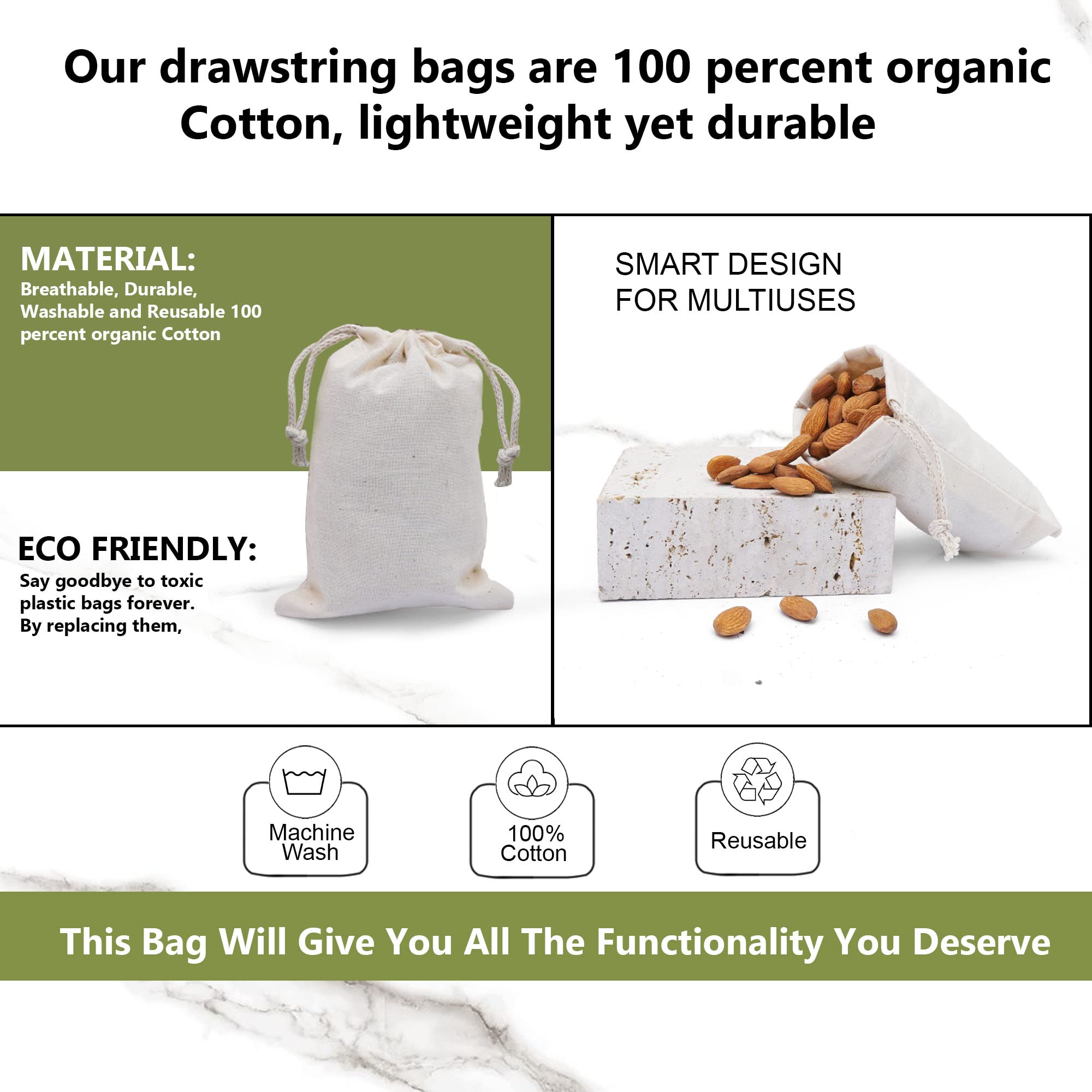 5 x 8 inches Reusable Eco Friendly Cotton Double Drawstring Muslin Bags Natural Color - 100 pieces Perfect for Loose Leaf, Gift Bags Small Size, Hangover Kit Bags, Soap Bag & Shoe Travel Bag