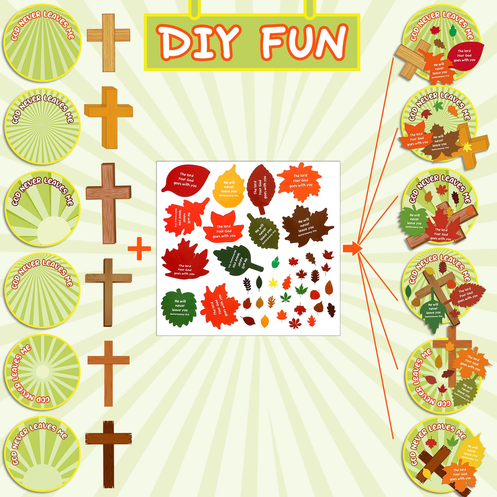 Copkim 30 Pcs God Never Leaves Me Fall Crafts for Kids Sunday School Crafts Christian Magnet Craft Kit includes Disc Cross Maple Leaf Stickers Supplies Decorations for Kids Home Classroom Activities