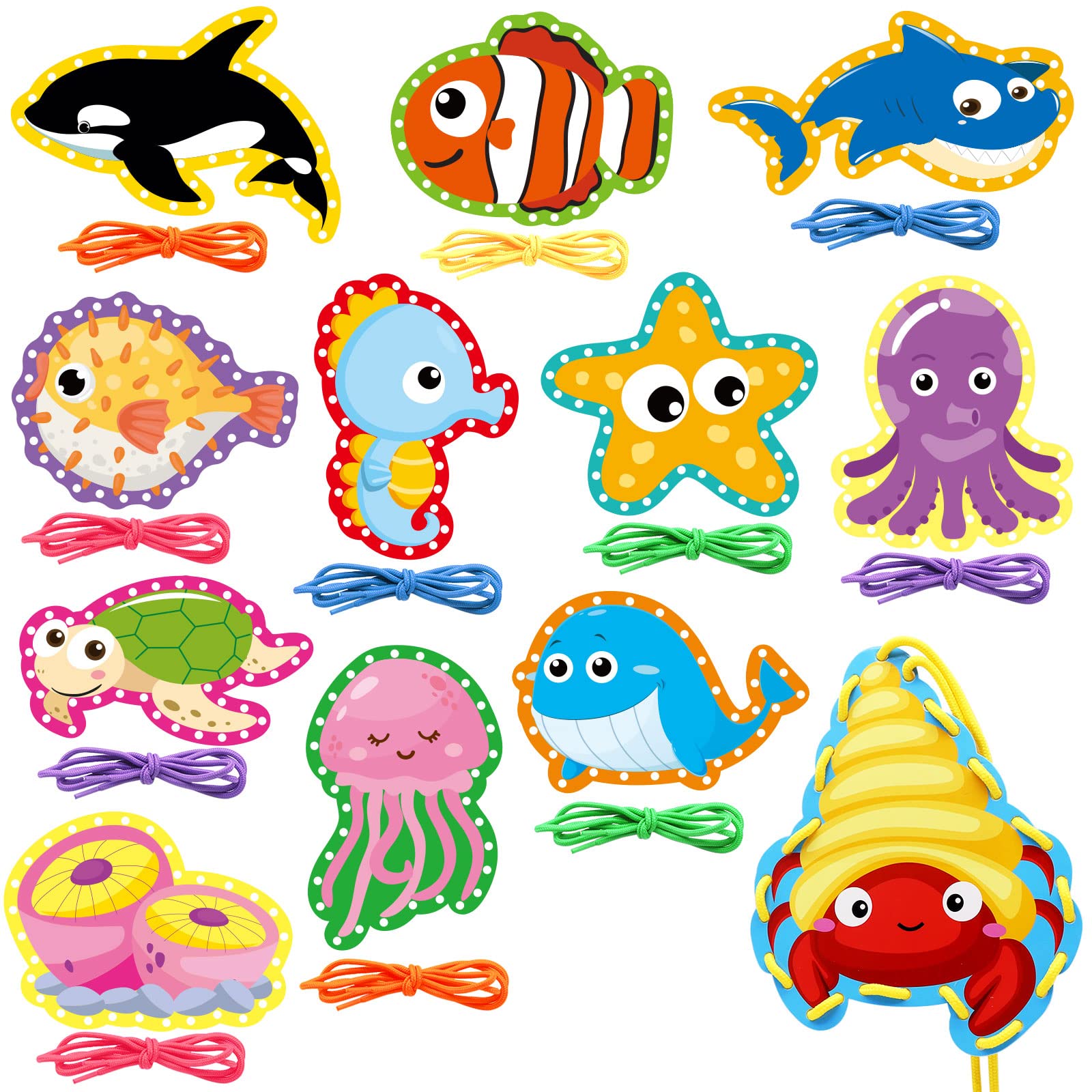 Omlisca Sea Animals Lacing Cards Sewing Cards 12 Pack Shark Whale Ocean Theme Party Decor Double Sided Cardboard Lacing Playing Games for Preschool Home Developing Imagination Education Supplies