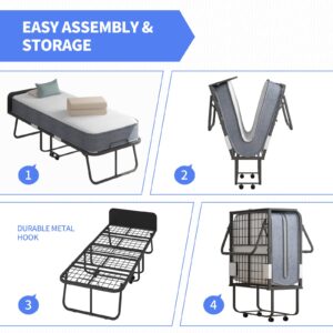 ZAFLY Folding Bed with 5 Inch Mattress,Twin Size Portable Foldable Guest Bed with Headboard for Adults,Rollaway Bed Storage Cover Included,Space Saving Fold up Metal Frame,75 x 31 Inch