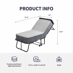 ZAFLY Folding Bed with 5 Inch Mattress,Twin Size Portable Foldable Guest Bed with Headboard for Adults,Rollaway Bed Storage Cover Included,Space Saving Fold up Metal Frame,75 x 31 Inch