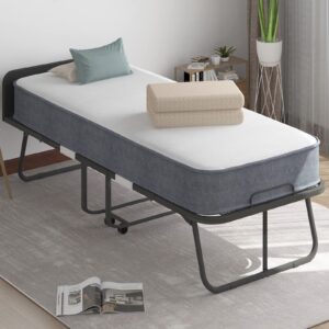 ZAFLY Folding Bed with 5 Inch Mattress,Twin Size Portable Foldable Guest Bed with Headboard for Adults,Rollaway Bed Storage Cover Included,Space Saving Fold up Metal Frame,75 x 31 Inch