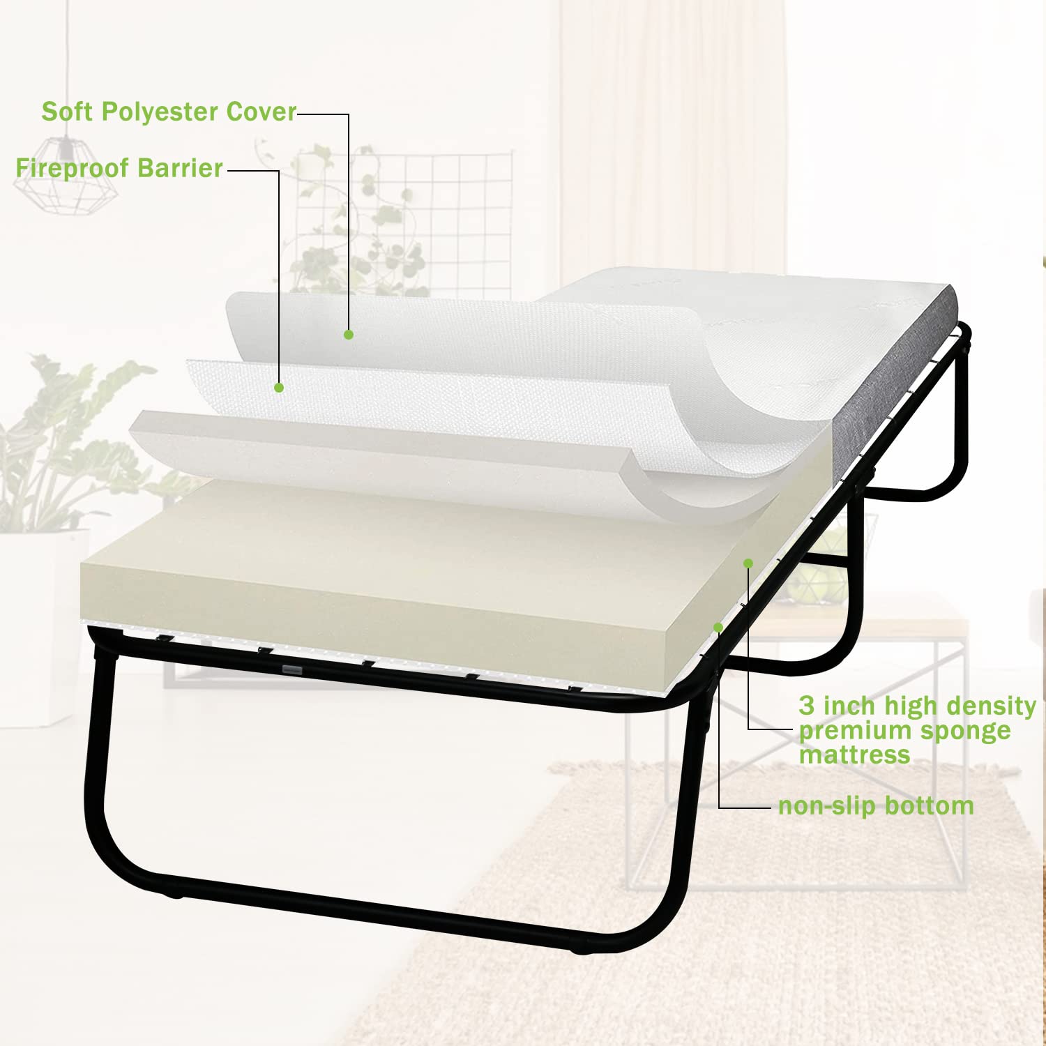 Twin Size Guest Folding Bed, Portable Fold Up Rollaway Bed with 3.9" Thick Memory Foam Mattress & Sturdy Frame, 200LBS Max Load Foldaway Guest Bed for for Spare Bedroom & Office, No Assembly Required