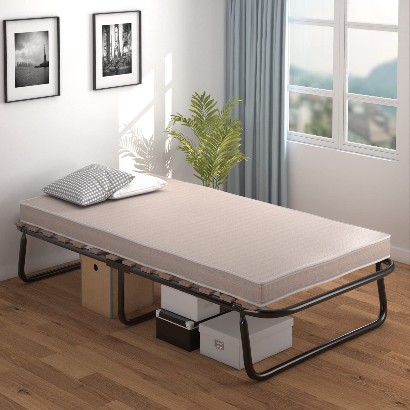 KOMFOTT Folding Bed with Mattress, Foldable Rollaway Guest Bed with Memory Foam Mattress & Sturdy Metal Frame, Space-saving Folding Bed Sleeper Guest Bed, Portable Bed for Home & Office, Made in Italy