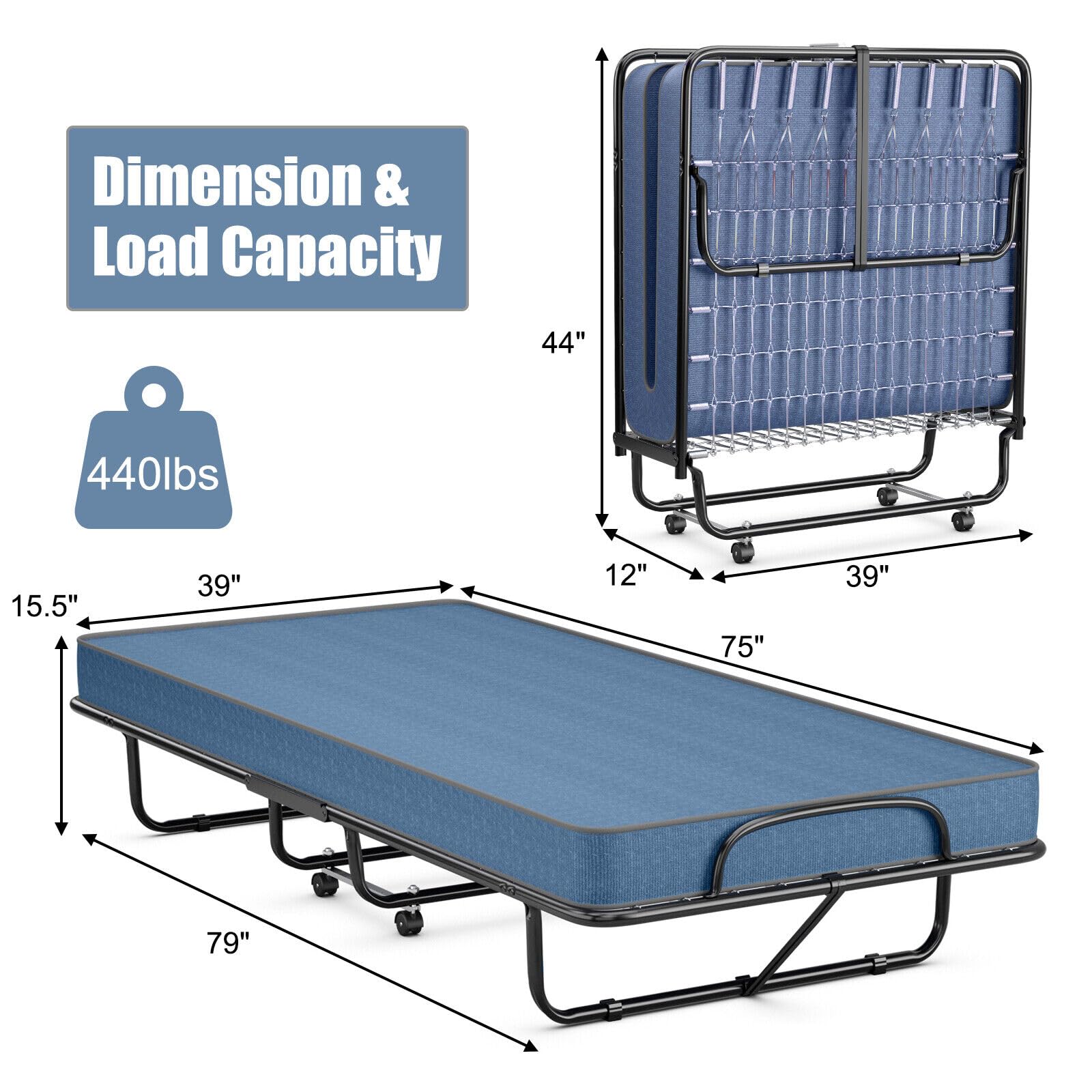 Giantex Folding Bed with 4" Mattress for Adults, Made in Italy, Twin Size Roll away Portable Guest Bed, Memory Foam Mattress, Foldable Bed w/Metal Frame on Wheels, Easy to Store, Blue