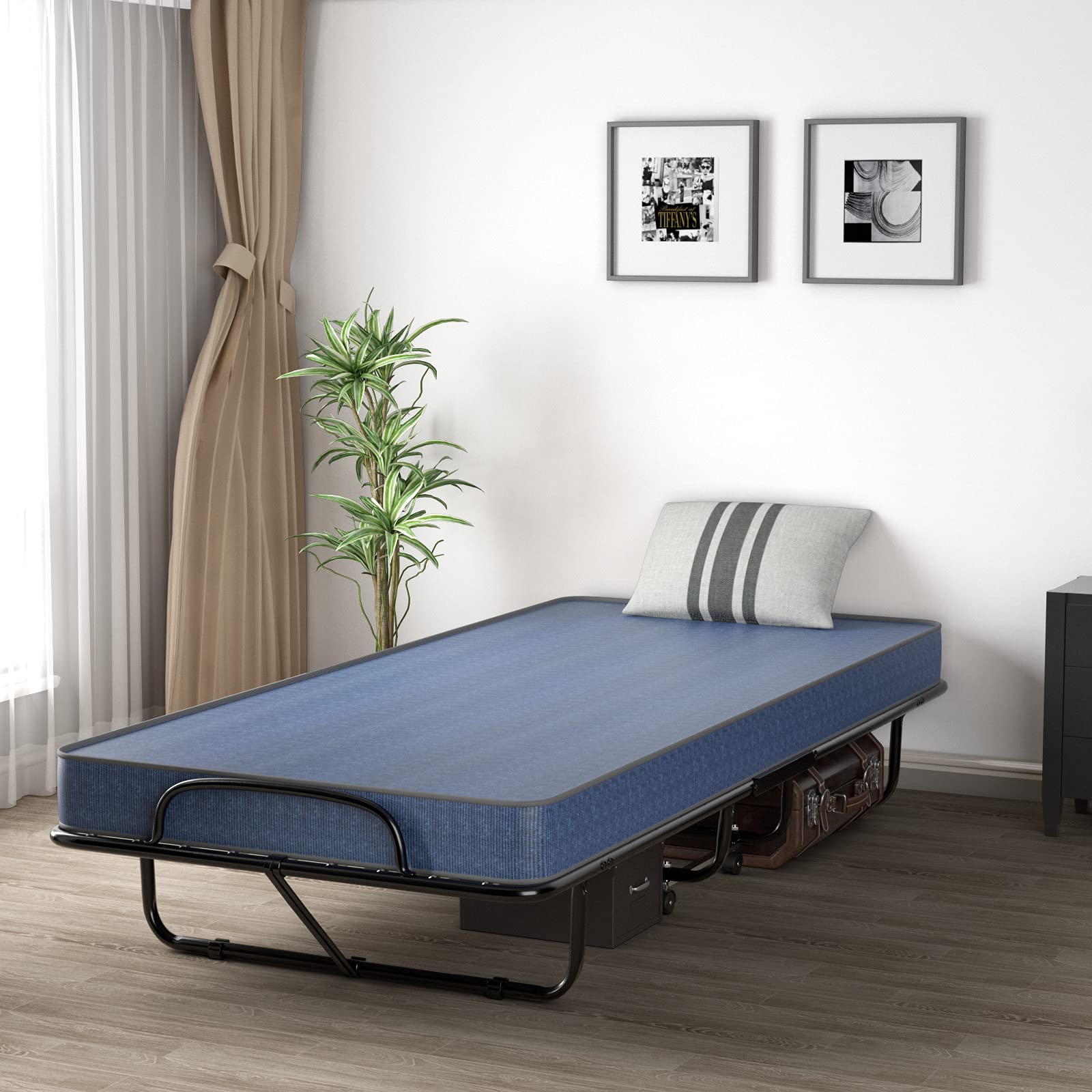 Giantex Folding Bed with 4" Mattress for Adults, Made in Italy, Twin Size Roll away Portable Guest Bed, Memory Foam Mattress, Foldable Bed w/Metal Frame on Wheels, Easy to Store, Blue