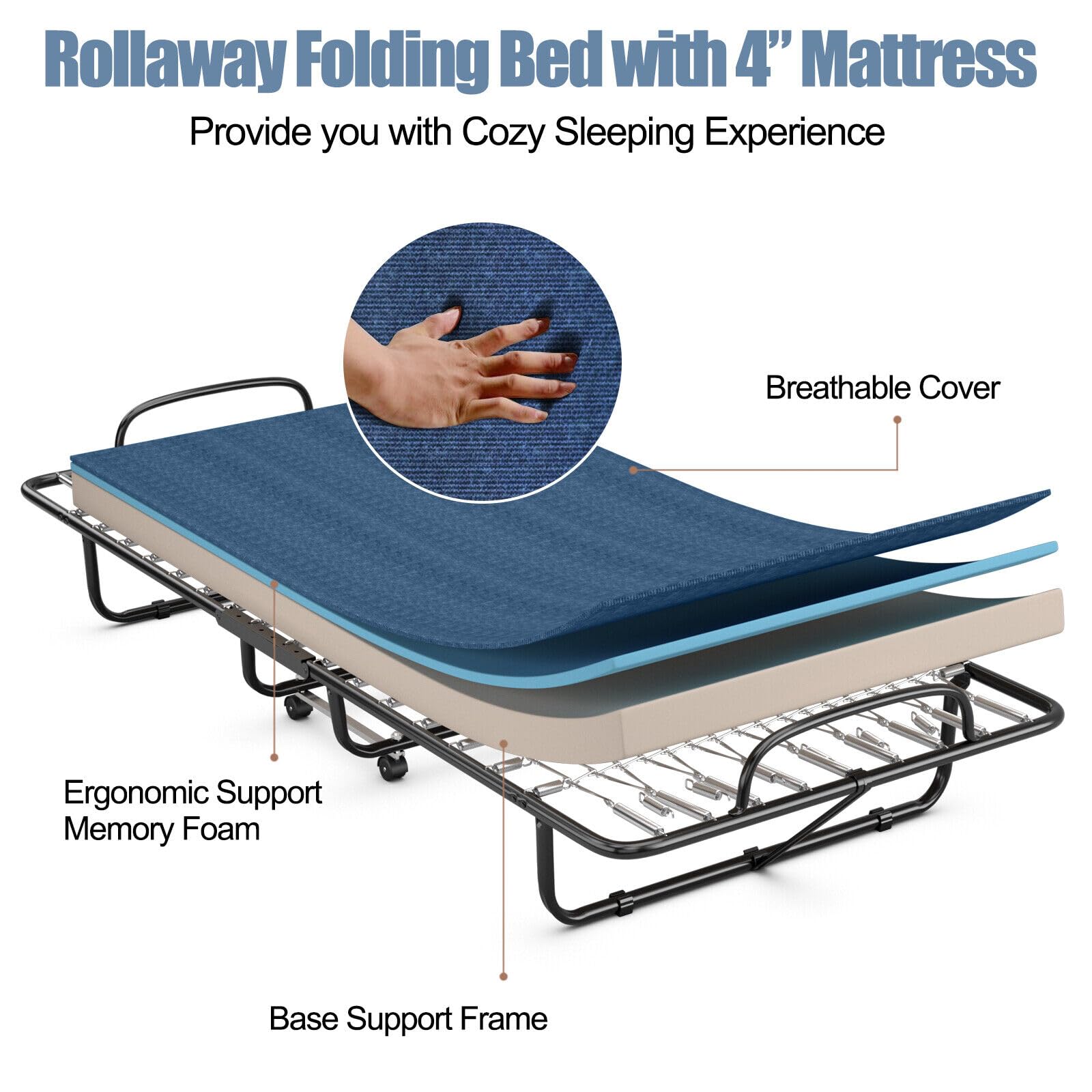 Giantex Folding Bed with 4" Mattress for Adults, Made in Italy, Twin Size Roll away Portable Guest Bed, Memory Foam Mattress, Foldable Bed w/Metal Frame on Wheels, Easy to Store, Blue