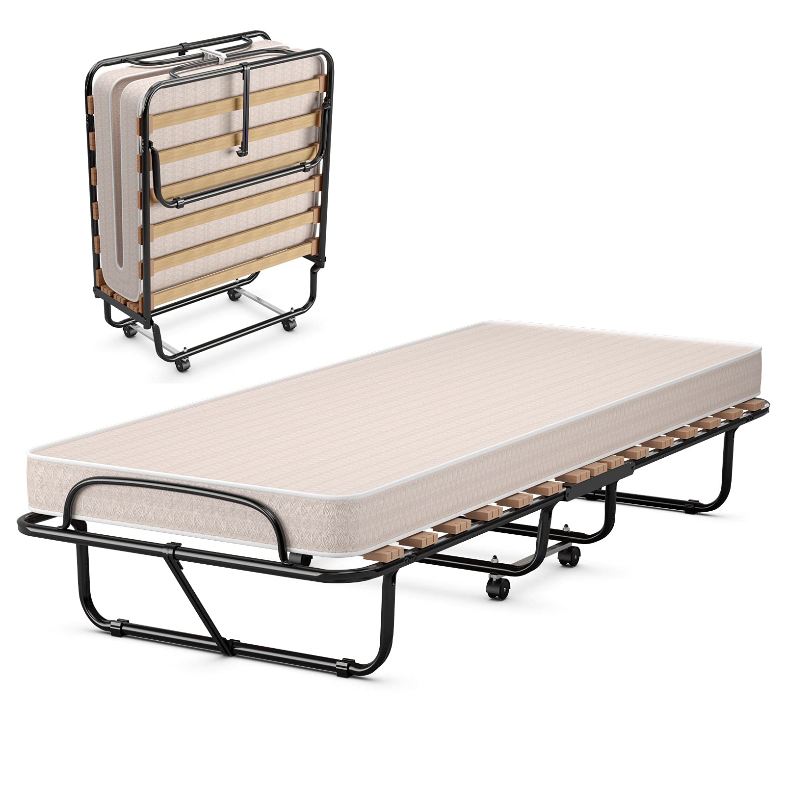 KOTEK Folding Bed with Mattress, Portable Rollaway Guest Bed with Memory Foam Mattress & Metal Frame, Made in Italy, Foldable Bed Cot Size for Bedroom, Office