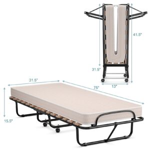 KOTEK Folding Bed with Mattress, Portable Rollaway Guest Bed with Memory Foam Mattress & Metal Frame, Made in Italy, Foldable Bed Cot Size for Bedroom, Office