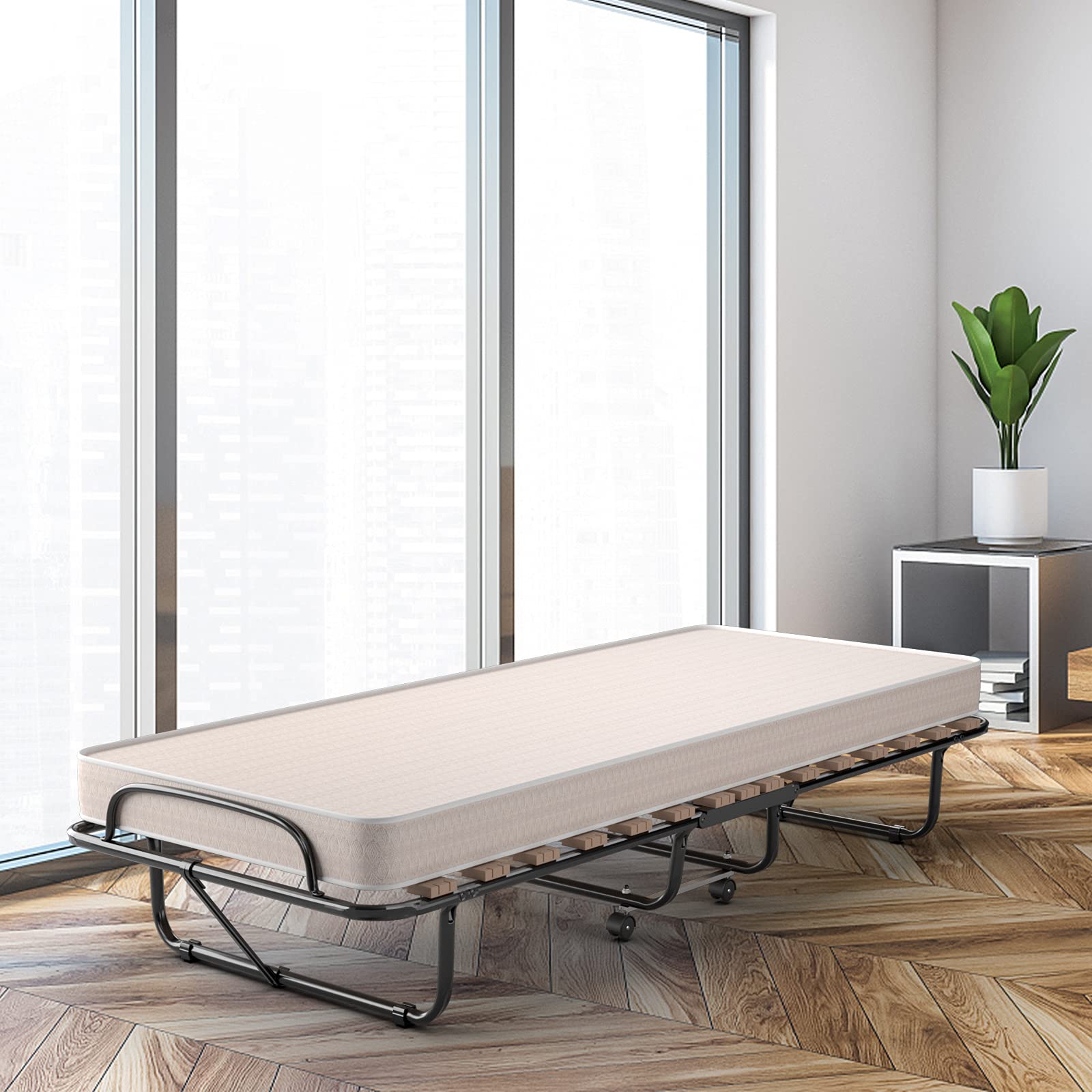 KOTEK Folding Bed with Mattress, Portable Rollaway Guest Bed with Memory Foam Mattress & Metal Frame, Made in Italy, Foldable Bed Cot Size for Bedroom, Office