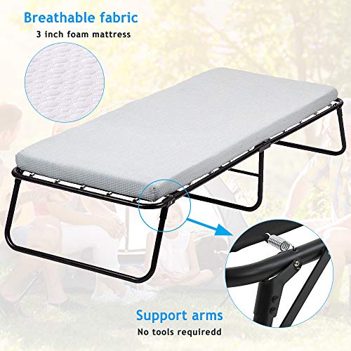 Portable Folding Bed with Mattress Foldable Bed Twin Size Guest Bed 77’’×31’’×H14’’ Heavy Duty Premium Materia Foldaway Bed with 3 inch Foam Mattress and Breathable Fabric for Adults&Kids,250LBS