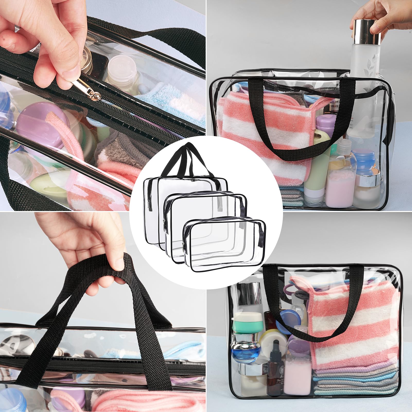 Clear Toiletry Bag Quart Size Bag Travel Makeup Cosmetic Bag PVC Toiletries Cosmetic Pouch for Women Men 3PCS (L+M+S)