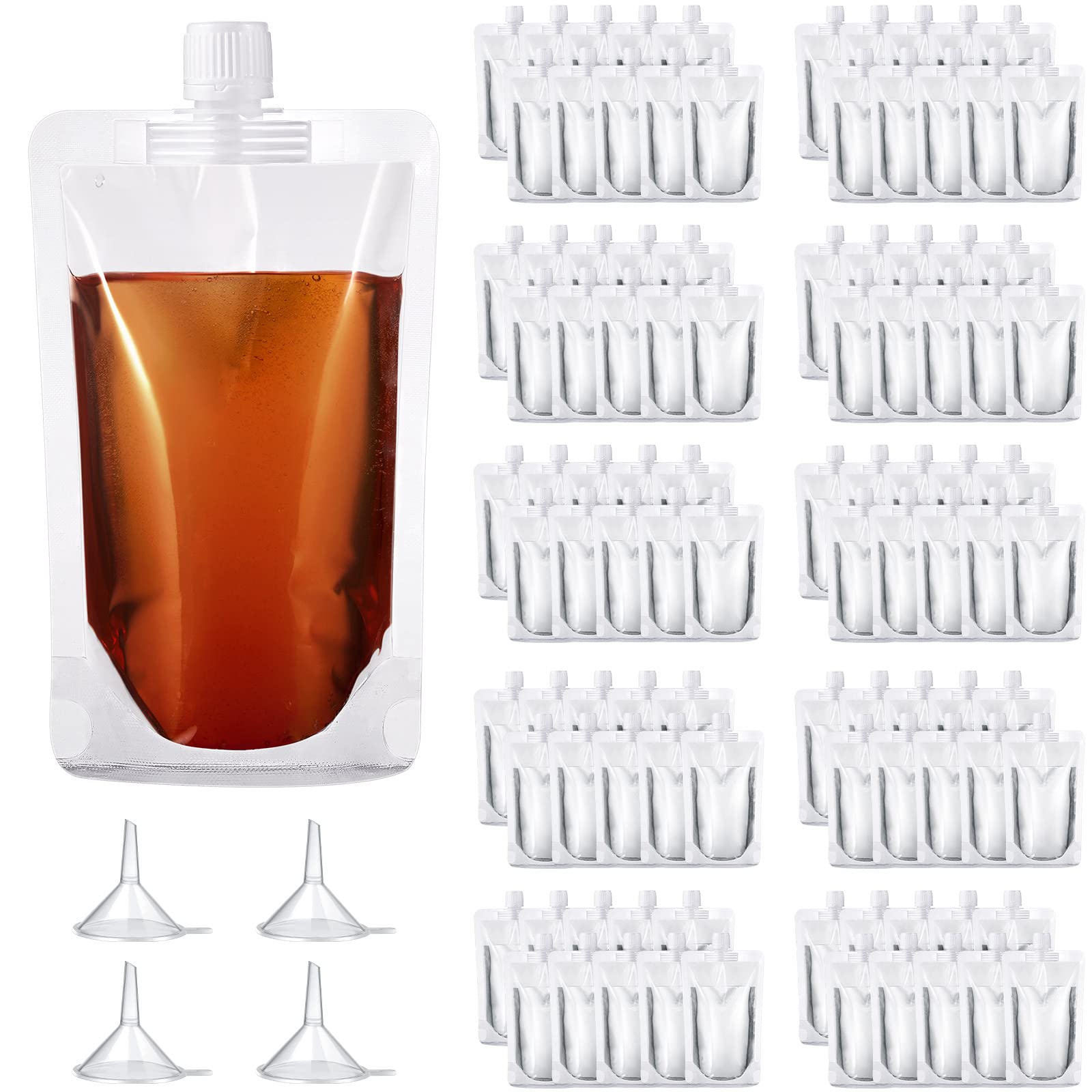 Thenshop 100 Pieces Plastic Flask Liquid Pouch Flask Kit Clear Drink Pouches Convenient Drinking Water Bags Leak Proof Plastic Drinking Flasks 4 Funnels for Travel Outdoor Sports Concerts Events, 8 oz