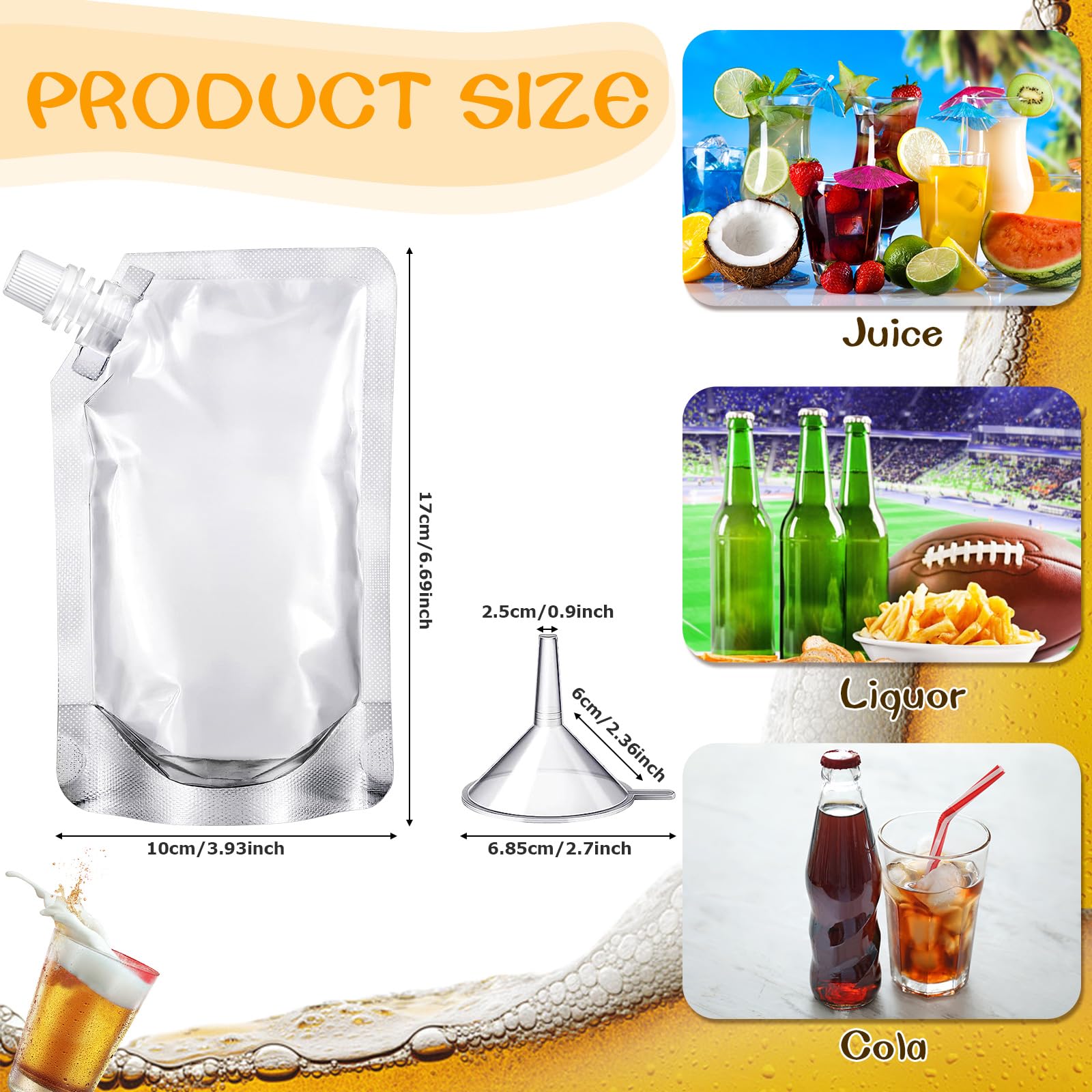 ZCYSRLQIN 120 Pcs Plastic Flask,Reusable Concealable Plastic Drink Pouches for Adults,Cruise Plastic Pouches for Drink Travel Clear Drink Containers for with Funnel for Juice Pouches Bottle Kit