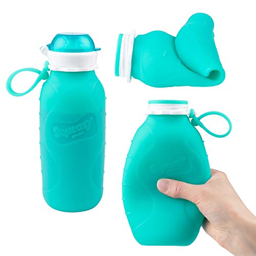 Aqua 16 oz Squeasy Snacker Spill Proof Silicone Reusable Food Pouch - for Both Soft Foods and Liquids - Water, Apple Sauce, Yogurt, Smoothies, Baby Food - Dishwasher Safe