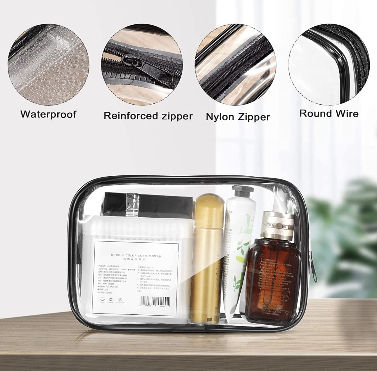 12 Pieces Clear Cosmetics Bag PVC Zippered Clear Toiletry Carry Pouch Portable Cosmetic Makeup Bag Waterproof Makeup Bag Vinyl Plastic Organizer Case for Vacation Bathroom (Black,Large)