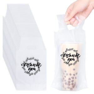 kisston 1000 pcs drink carrier for delivery, plastic drinking carrier bags thank you clear handle drink poly bags drink bags bulk cup carrier for coffee tea beverage juice (hold 1 cup)