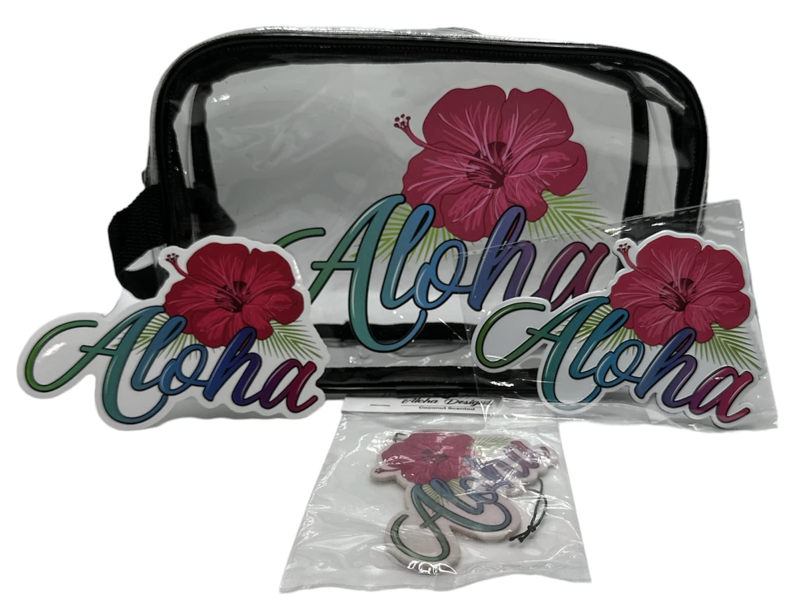 Aloha Designs ALOHA Clear Cosmetic Bag for Women Roomy Makeup Bag Travel Splash-proof Toiletry Bag Accessories Organizer Plus Aloha Gift Kit 1 Aloha Decal, 1 Aloha Magnet & 1 Air Freshener