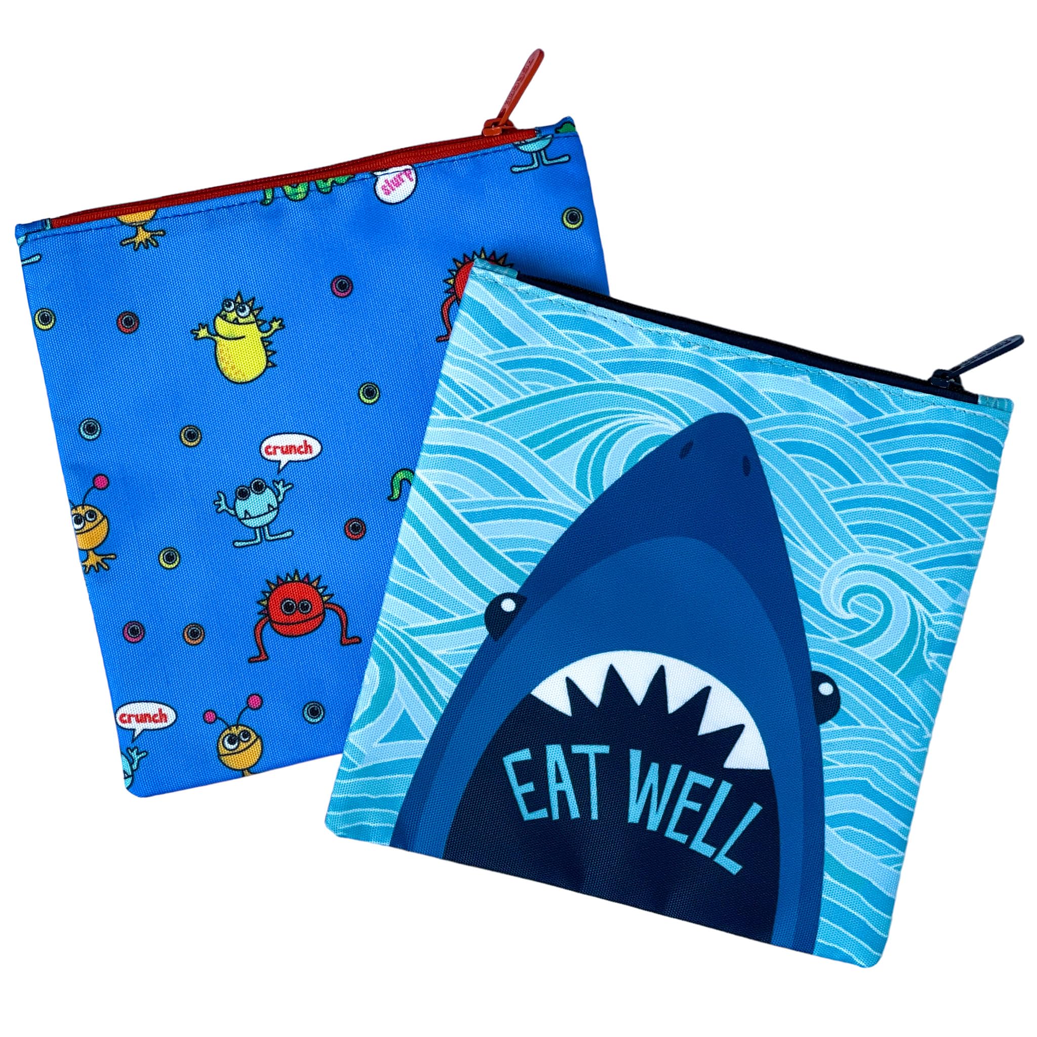 Yumbox Reusable Fabric Sandwich and Snack Bags (Set of 2) with fun Shark and Funny Monsters Prints for Toddlers and Kids. Zip Closure, Wide Opening, Washable, Food Safe, BPA Free, large 8 x 8 in.