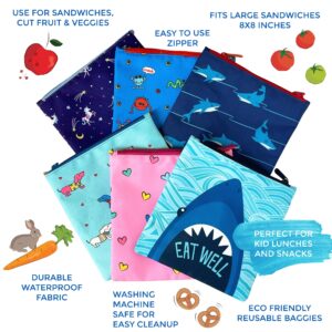 Yumbox Reusable Fabric Sandwich and Snack Bags (Set of 2) with fun Shark and Funny Monsters Prints for Toddlers and Kids. Zip Closure, Wide Opening, Washable, Food Safe, BPA Free, large 8 x 8 in.