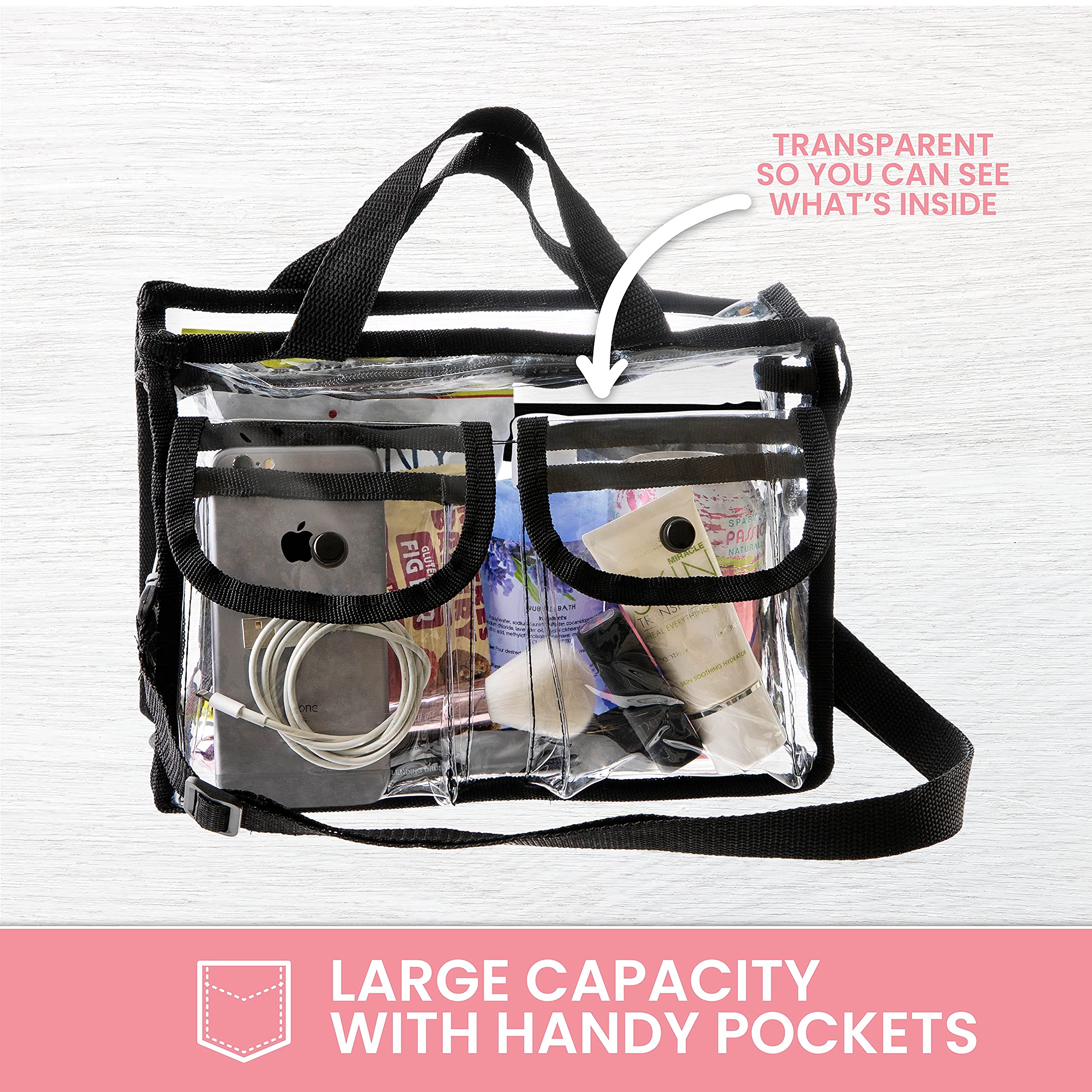 Clear Makeup Organizer Cosmetic Bag 10 inch x 7 inch x 4 inch, Sturdy Zipper and 4 External Pockets with Adjustable Strap