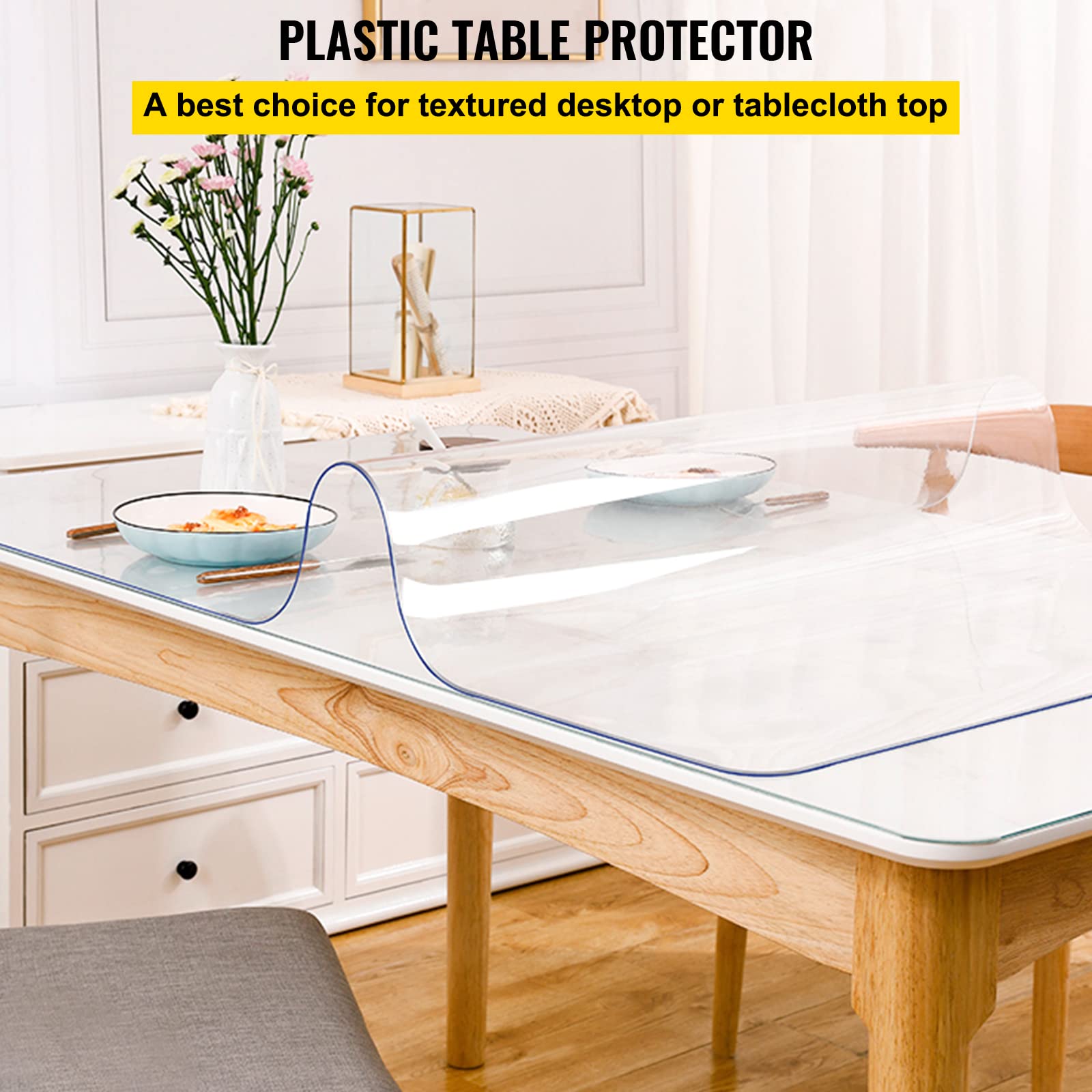 Vevor 96 x 42 Inch Clear Table Cover Protector, 2mm Thick Clear Desk Protector Table Pads, Plastic Tablecloth Table Protector for Dining Room Table