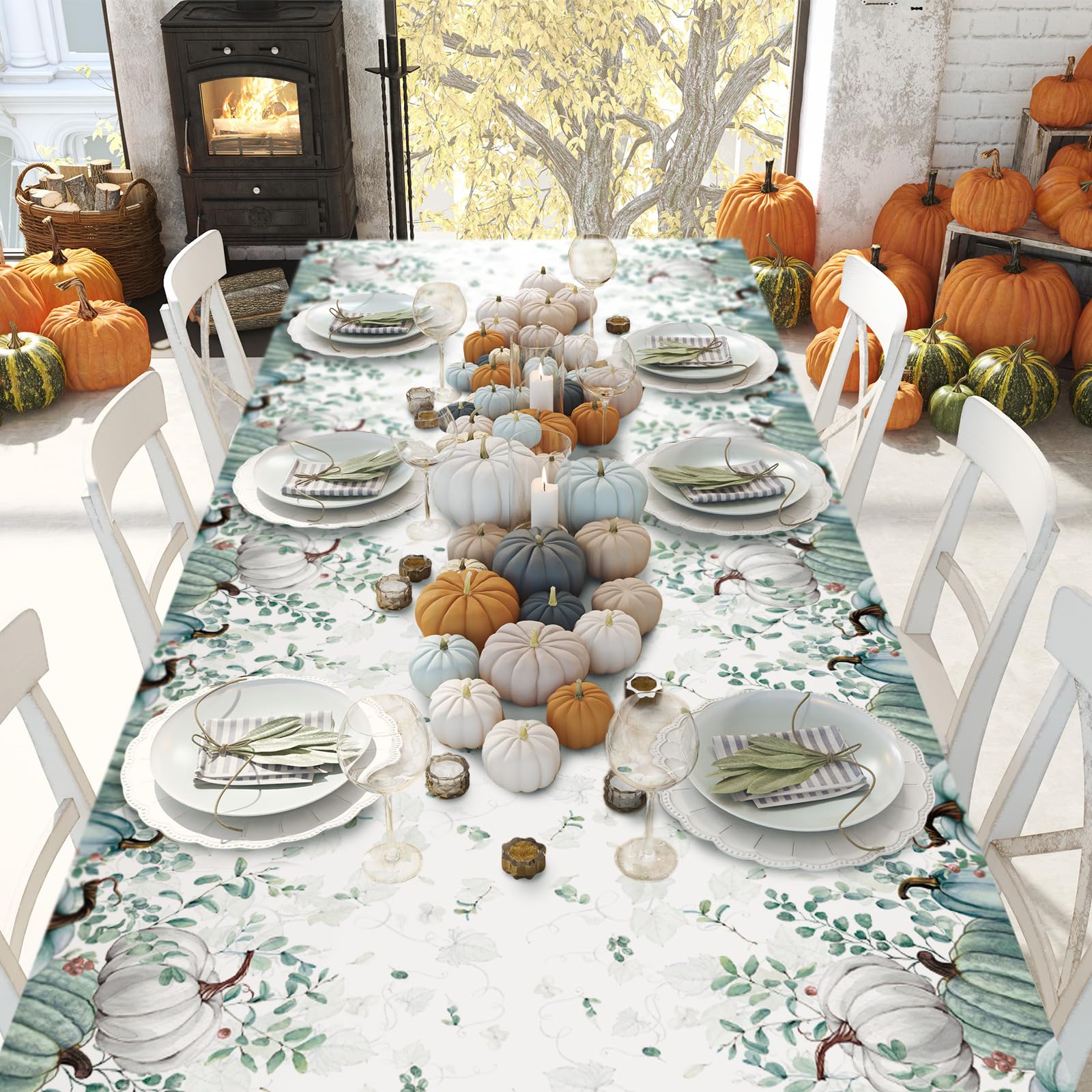 4 Pcs Fall Tablecloth Pumpkin Autumn Table Covers Thanksgiving Harvest Table Cloth Rectangle Blue Waterproof Plastic Leaves Tablecloth for Dining Room Kitchen Decoration 54 x 108 Inch