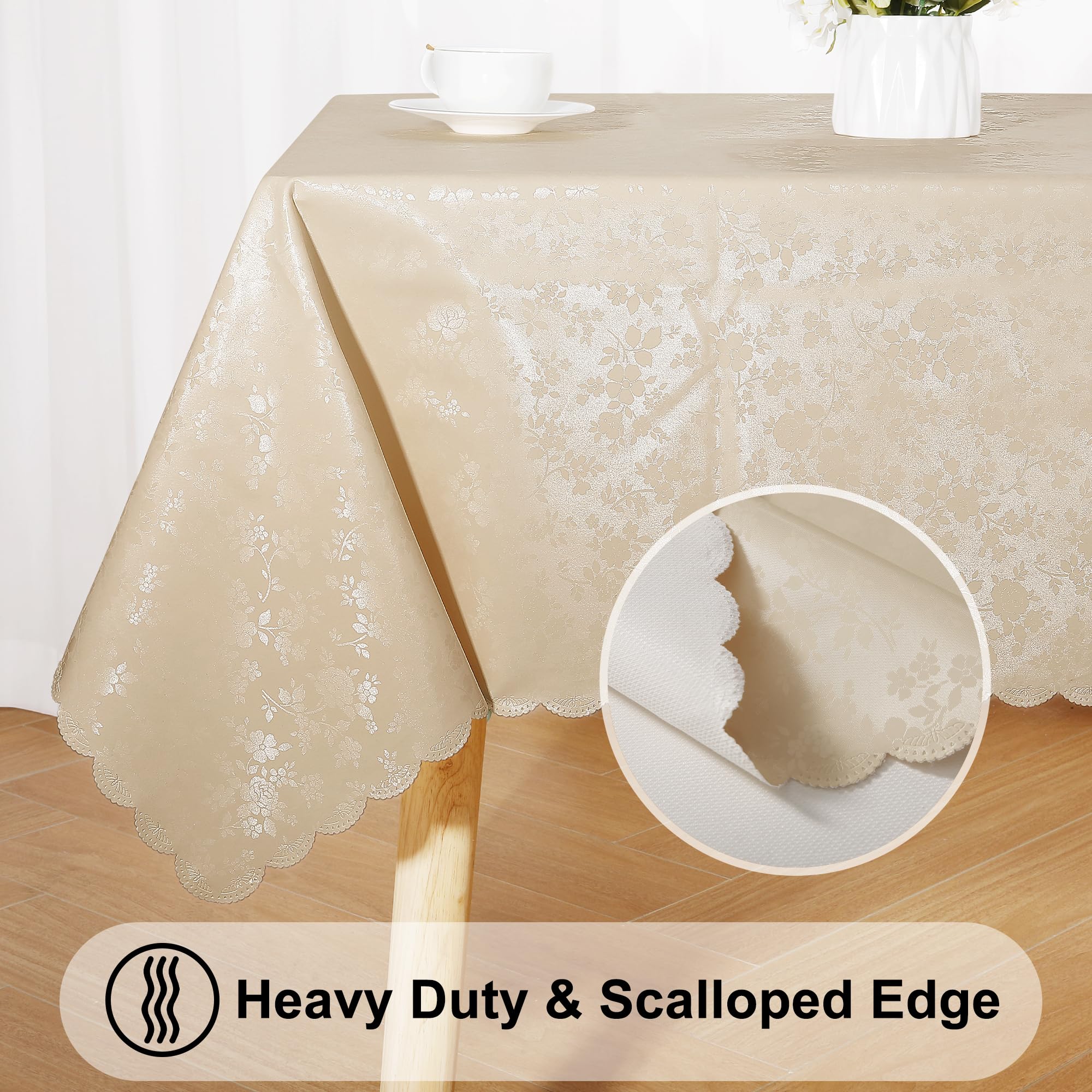 smiry Rectangle Table Cloth, Waterproof Heavy Duty Vinyl Tablecloths, Wipeable Washable Table Cover for Kitchen and Dining Room (Beige, 60" X 102")