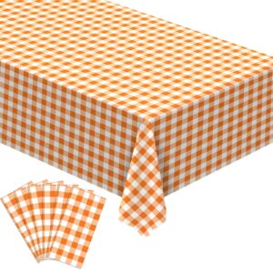 buxiuer orange and white checkered tablecloth plastic fall thanksgiving decoration buffalo check plaid disposable table cloth dining room kitchen decor 54 x108 inch -pack of 6 (orange and white)