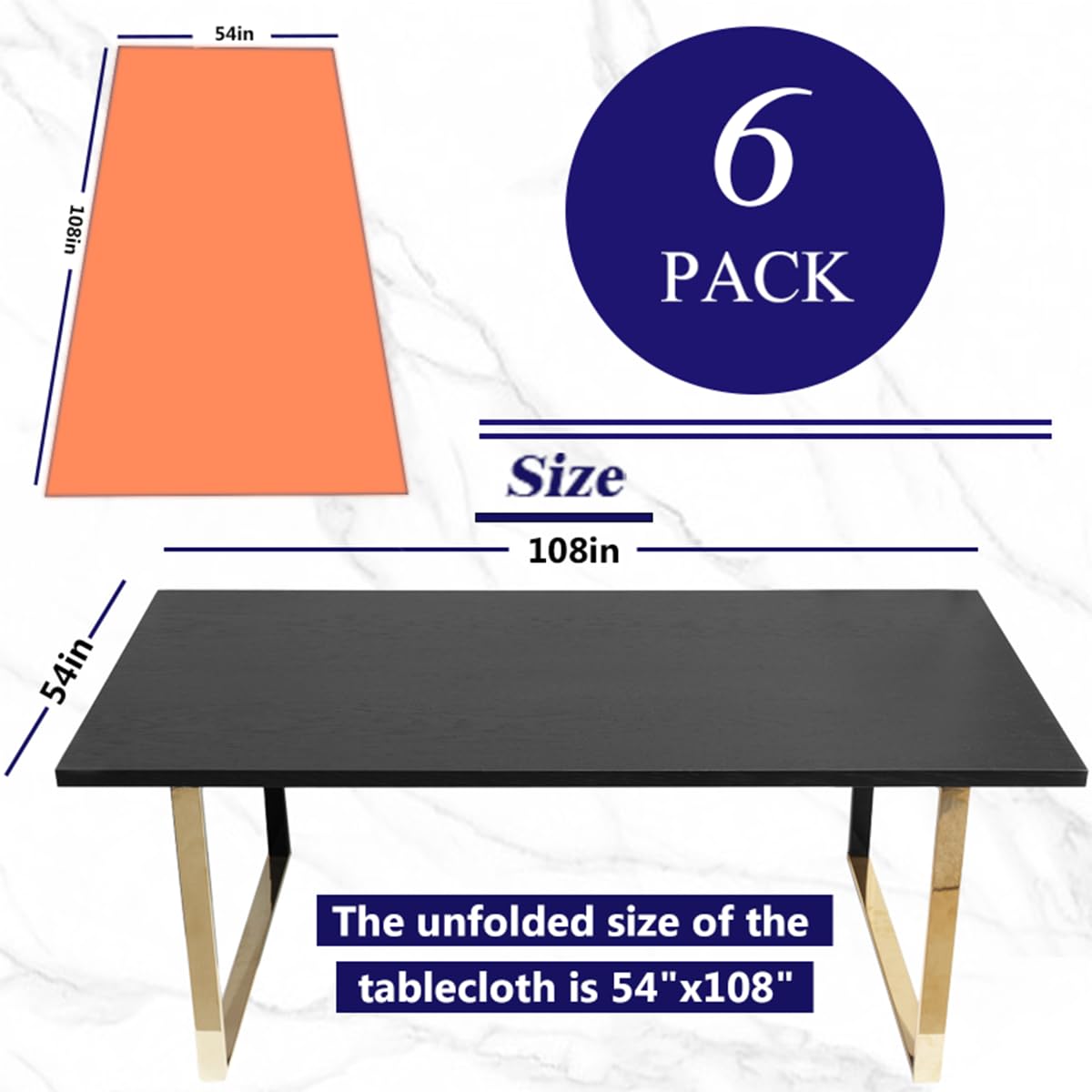 Dozobeede Paper Table Cloths for Parties Disposable 6 Pack 54" X 108" Rectangle 3 Ply Paper & Plastic Table Cover (Orange)