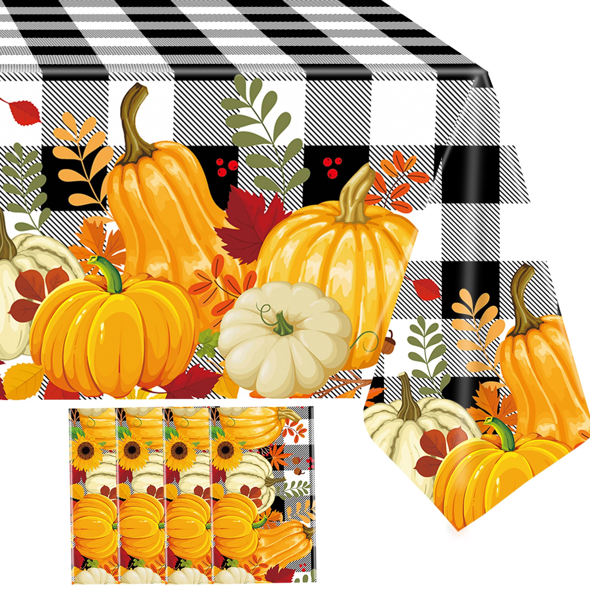 peony man 4 Pieces Fall Plaid Tablecloth Plastic Pumpkin Table Cover Black White Buffalo Checkered with Disposable for Dining Kitchen Thanksgiving Autumn Party, 54 x 108 Inch