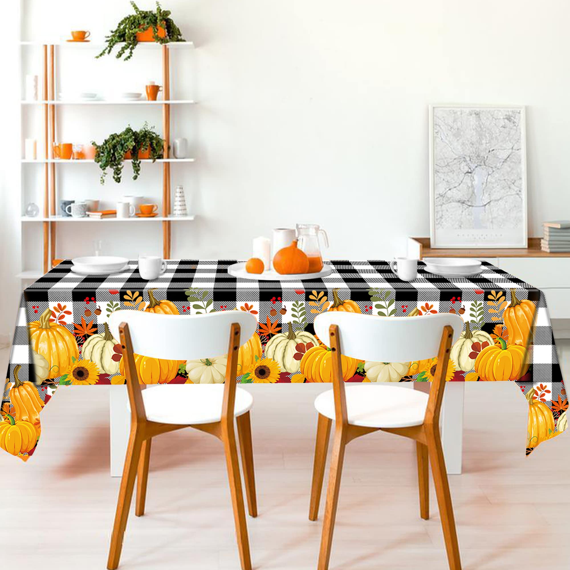 peony man 4 Pieces Fall Plaid Tablecloth Plastic Pumpkin Table Cover Black White Buffalo Checkered with Disposable for Dining Kitchen Thanksgiving Autumn Party, 54 x 108 Inch