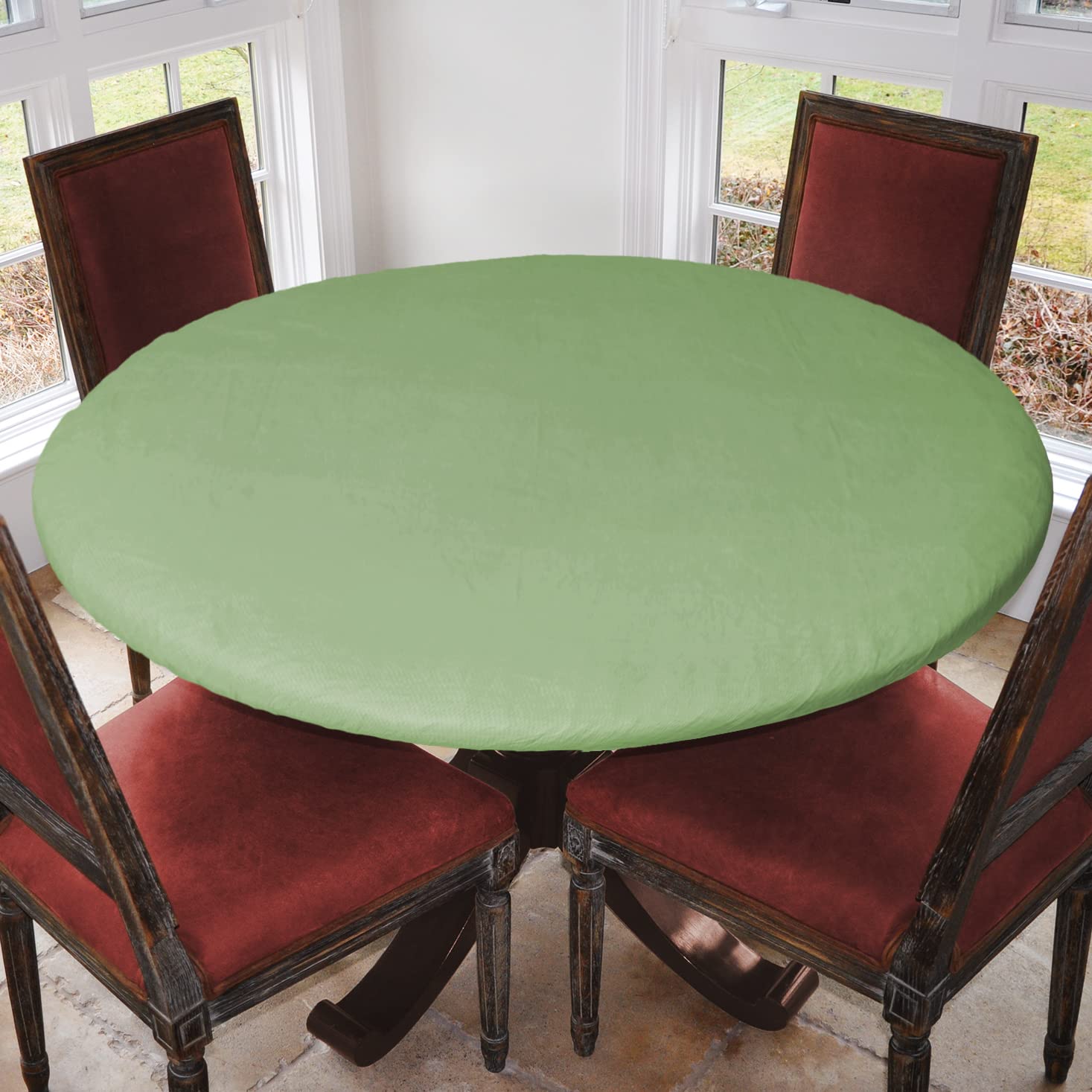 Covers For The Home Deluxe Elastic Edged Flannel Backed Vinyl Fitted Table Cover - Basketweave (Green) Pattern - Small Round - Fits Tables up to 40" - 44" Diameter