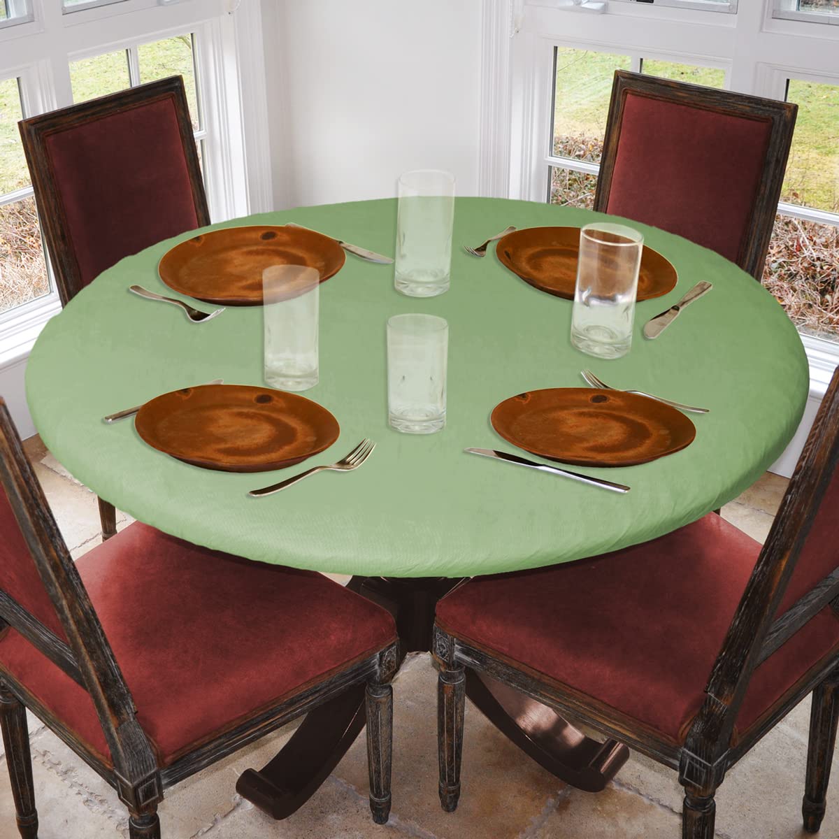 Covers For The Home Deluxe Elastic Edged Flannel Backed Vinyl Fitted Table Cover - Basketweave (Green) Pattern - Small Round - Fits Tables up to 40" - 44" Diameter