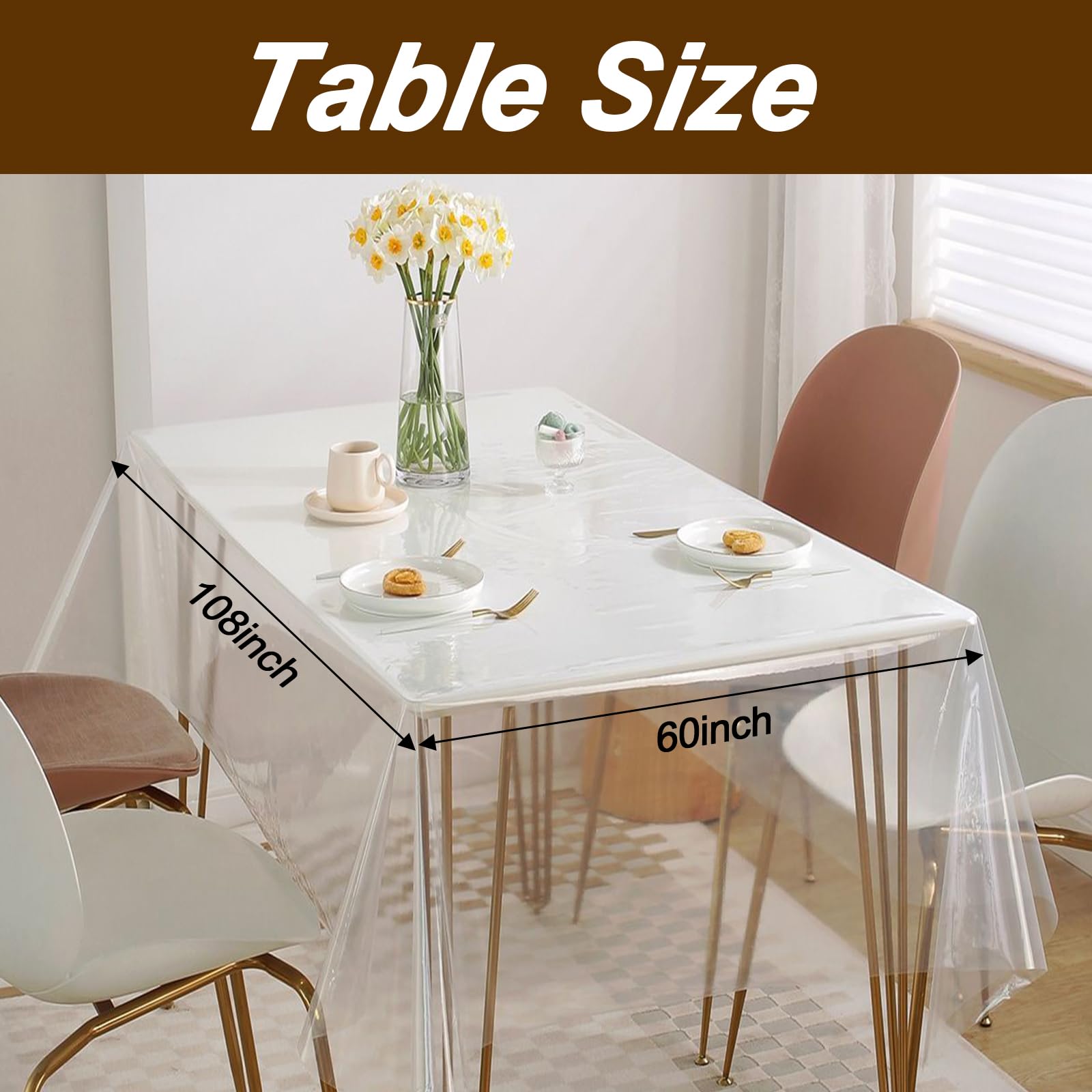 Fixwal Clear Plastic Table Cloth Protector, 60 x 108 Inch 100% Waterproof Vinyl PVC Table Cloth, Oil Spill Proof, Wipe Clean Rectangle Table Cover for Dining Table, Parties & Camping