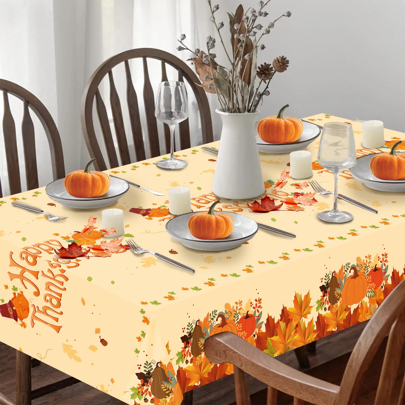 4 Pack Thanksgiving Fall Tablecloths, Pumpkin Maple Leaves Table Cloth Disposable Plastic Autumn Harvest Thanksgiving Table Cover for Dinner Kitchen Party Holiday Decorations, 54” x 108” Rectangle