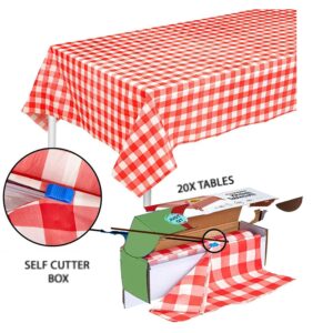 Red Gingham Checkered Table Cloth - Self Cutter Picnic Durable Table Cover Plastic, Tablecloth Rectangle Roll 54 Inch X 100 Feet | Water Resistant Thin Disposable Outdoor Tablecloth